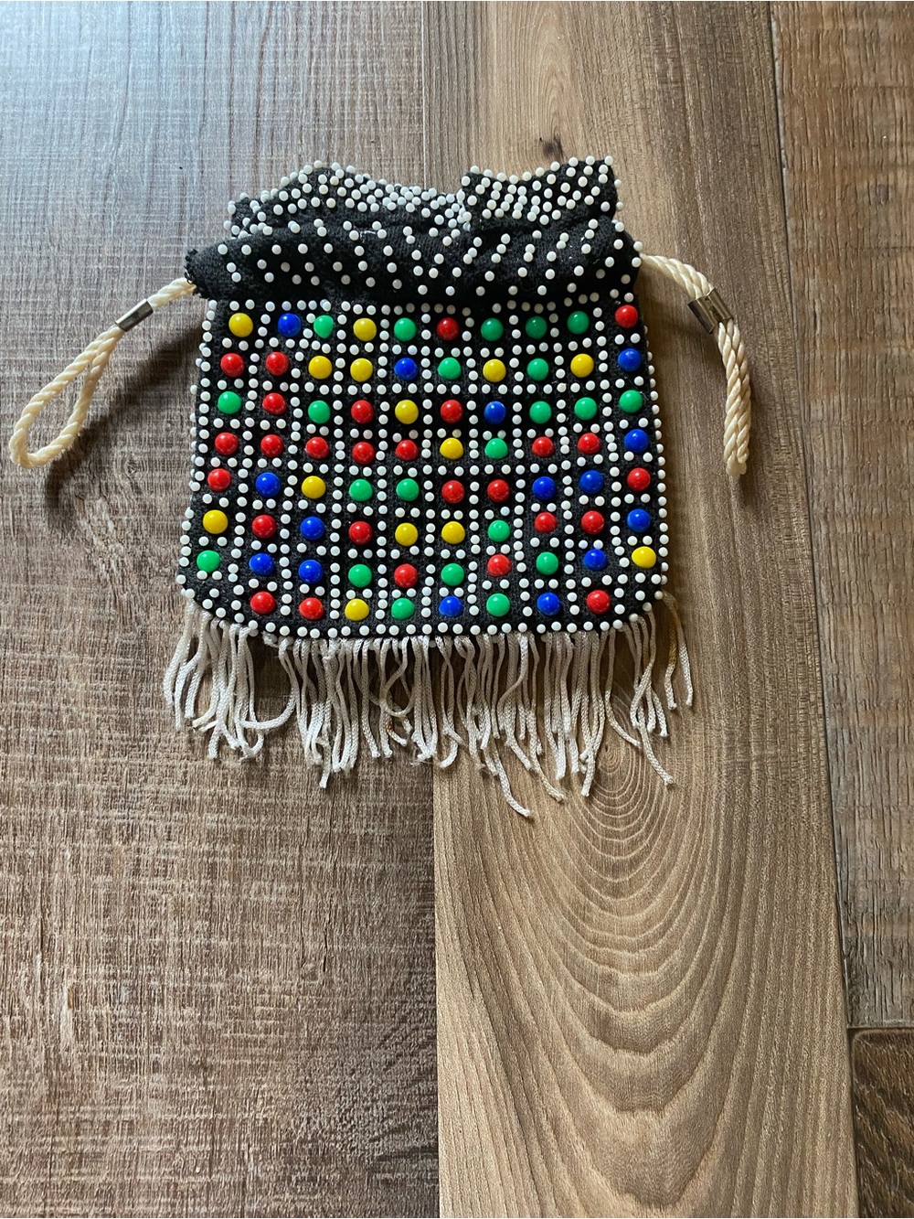 Source Unknown Black Beaded Fringe Mini Drawstring Bag VINTAGE